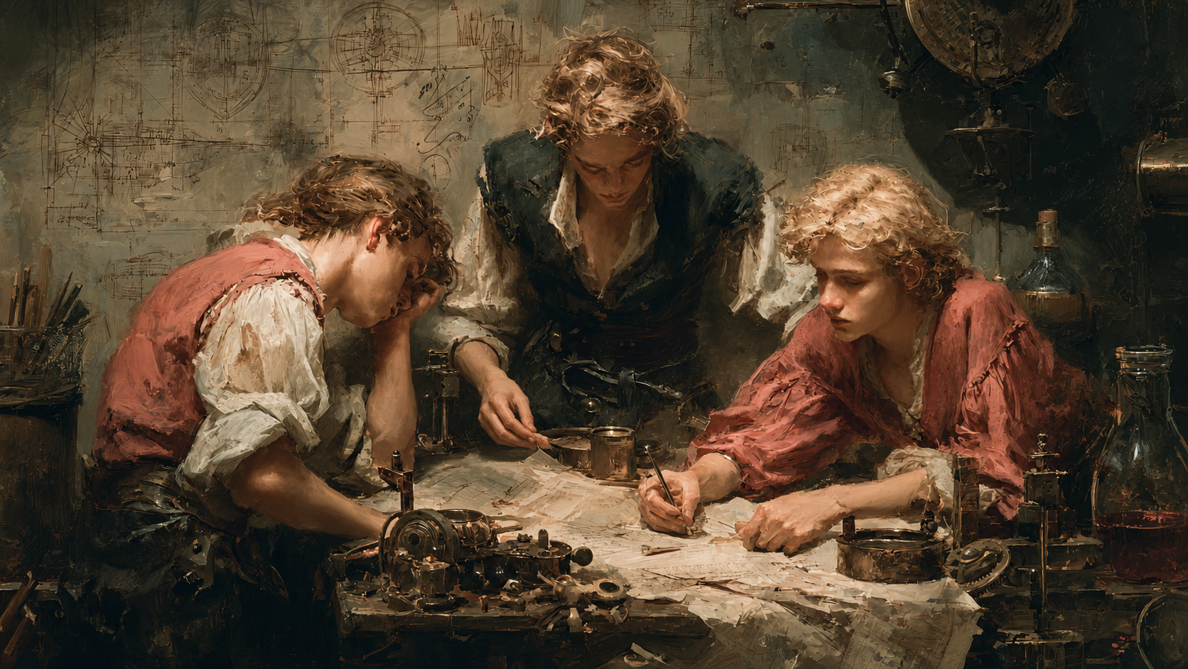 Renaissance painting of three figures working at a table